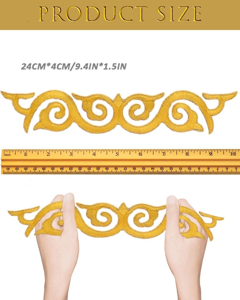 MSCFTFB 10 Pieces Swirl Embroidered Applique with Gold Trimming Scroll Iron on Patch Vine Border Lace Fringe Edge for Medieval Costume Wedding Dress Pillow Sewing Accessories (Yellow) - Image 2